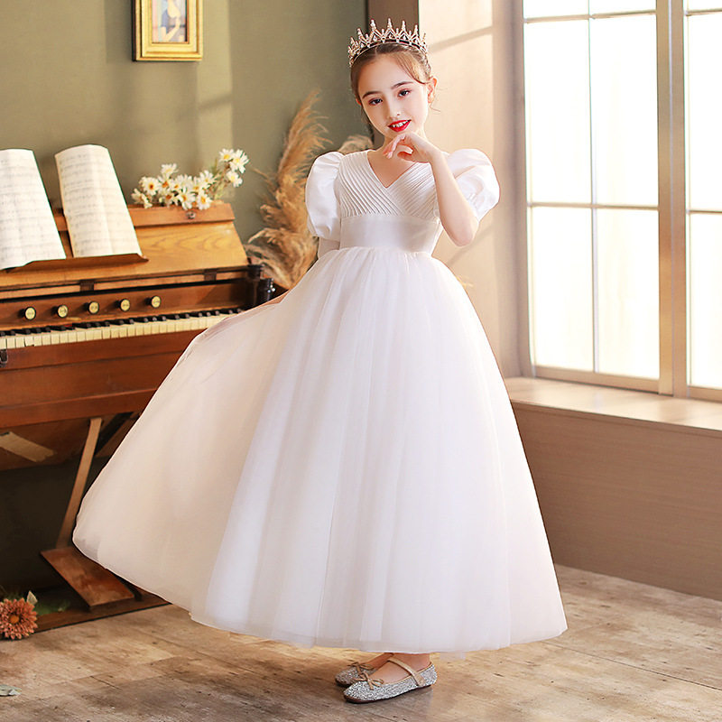 儿童长款演出礼服女童泡泡袖公主裙中大童白色连衣裙蓬蓬婚纱裙子