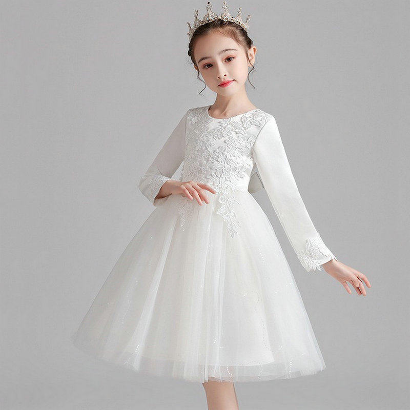 儿童长袖蓬蓬连衣裙春秋冬女童白色公主裙婚纱裙子中大童演出礼服