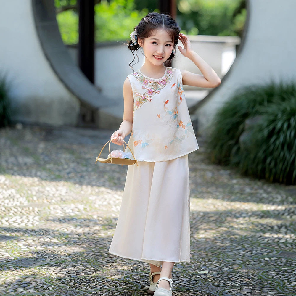 女童新中式国风套装夏季儿童改良旗袍上衣阔腿裙裤复古汉服两件套