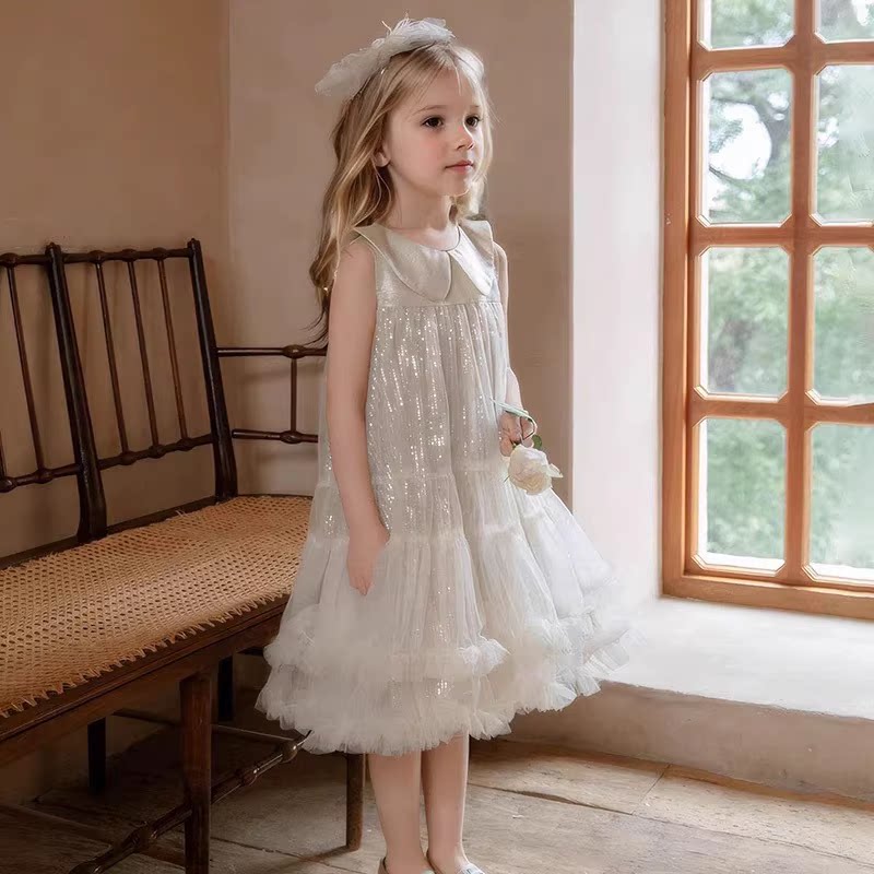 夏季儿童背心裙蓬蓬连衣裙女童洋气亮片网纱裙子公主裙小女孩礼服