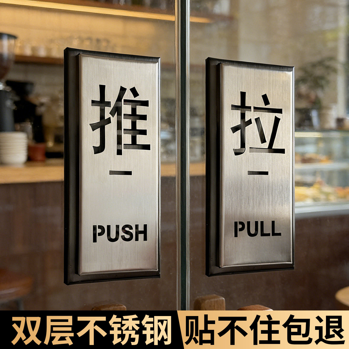 推拉门贴玻璃门不锈钢标志牌高级推拉门提示牌创意贴纸酒店门上推门指示门牌店铺门口拉字标识牌金属标牌定制