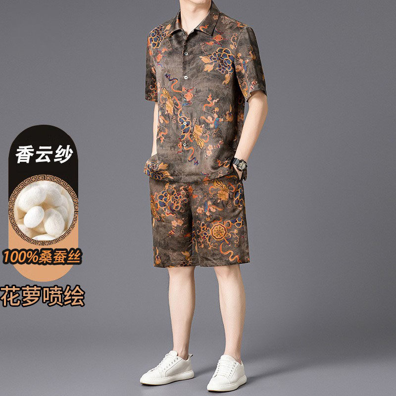 男士桑蚕丝套装夏短袖t恤香云纱真丝休闲短袖短裤套装宽松潮时尚