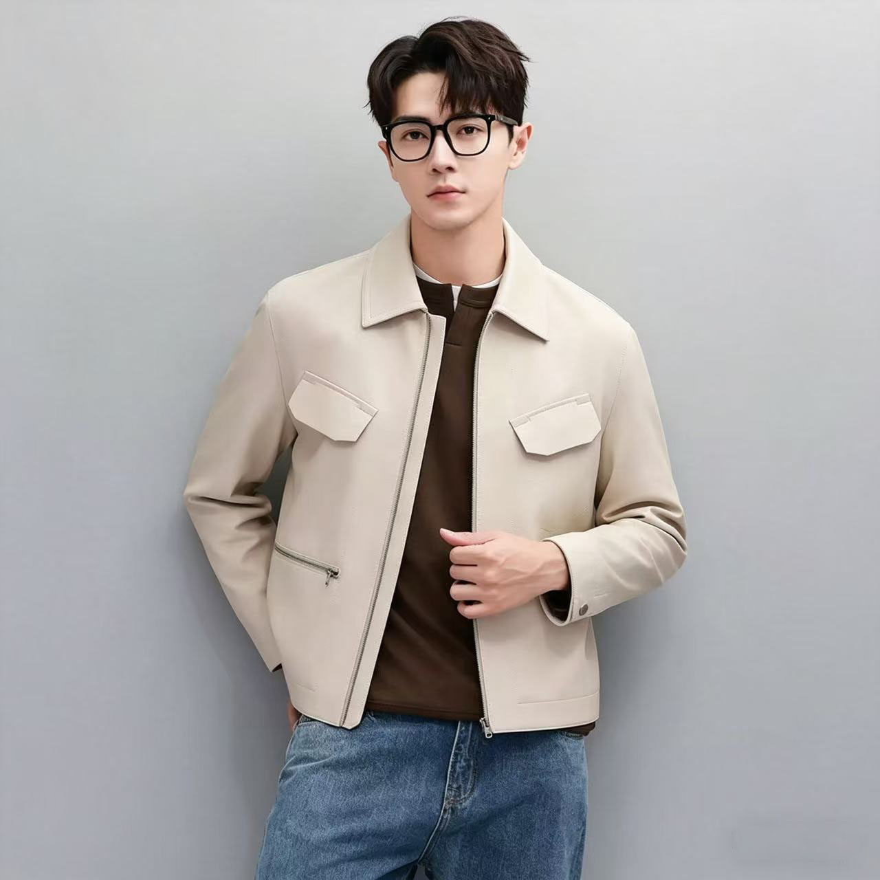 白色皮衣男真皮绵羊皮2026春秋新款高级感短款时尚休闲机车风翻领