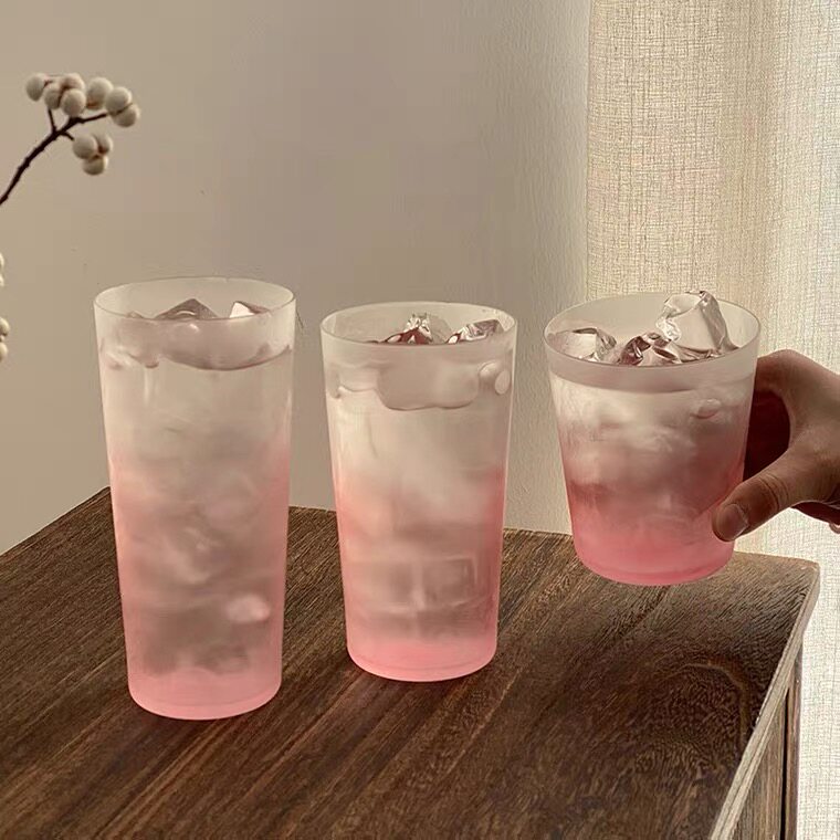 渐变粉磨砂玻璃杯家用高颜值女生喝水杯创意果汁饮品杯咖啡酒杯子