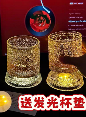 抖音同款【送发光杯垫】发光旋转威士忌酒杯转转解压洋酒杯不倒翁