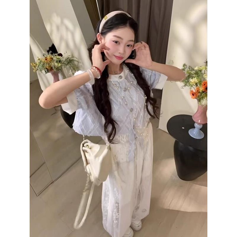 夏天套装裤装蕾丝条纹短图片