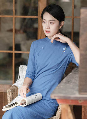 纻衣蓝色棉新中式旗袍连衣裙女2026春夏秋新款文艺绣花温婉中长裙