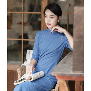 旗袍连衣裙女2025春夏新款 纻衣蓝色纯棉新中式 文艺绣花温婉中长裙