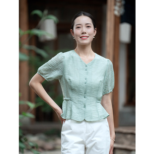 衬衫 文艺优雅提花修身 2026夏季 女装 百搭 新款 纻衣绿色V领系带短袖