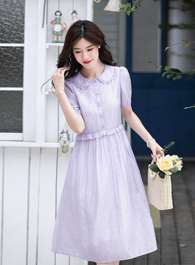 纻衣紫色衬衫领短袖连衣裙女2025夏新款设计感荷叶边温柔气质长裙