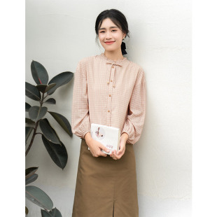 文艺格纹复古温婉气质百搭上衣 纻衣荷叶领长袖 衬衫 女2025春装 新品