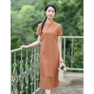 长裙 纻衣复古橘色棉麻文艺短袖 旗袍连衣裙女2025夏装 新款 温婉时尚