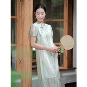 新立领盘扣气质中长裙 新品 纻衣渐变绿色泡泡袖 旗袍连衣裙2026夏装