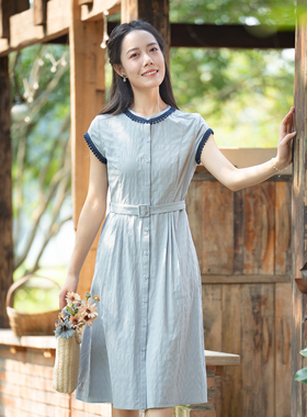 纻衣蓝色纯棉花边短袖收腰连衣裙女2026夏秋新品文艺新款修身显瘦