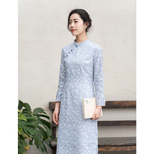 纻衣蓝色棉麻长袖 文艺碎花温婉气质长裙 旗袍连衣裙女2025春装 新品
