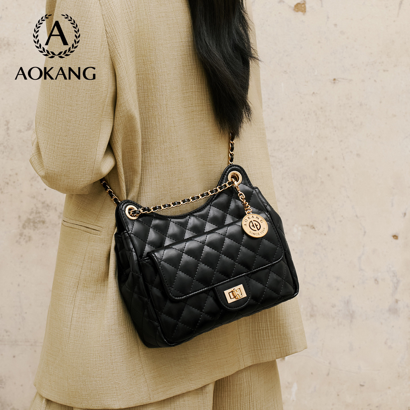 奥康链条腋下包2026新款包包大容量女式单肩包轻奢高级菱格斜挎包,箱包皮具/热销女包/男包,通用款女包,淘宝优惠券,粉丝福利购,淘宝优惠卷
