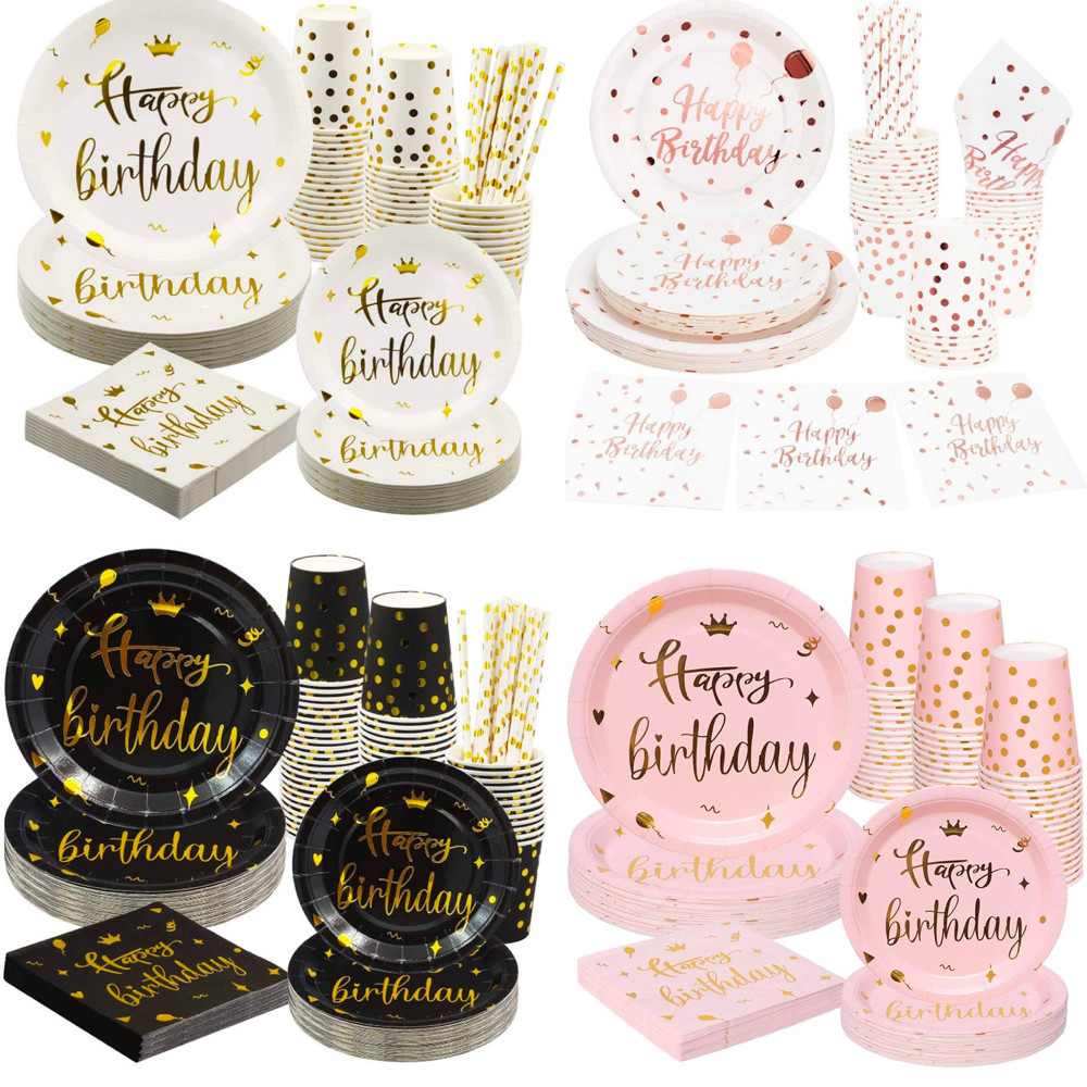 生日快乐happy birthday字母餐具烫金玫瑰黑金皇冠粉宴会甜品盘杯