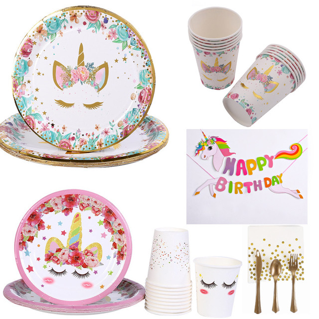 一次性餐具烫金烫银庆祝独角兽生日派对餐盘纸杯帽子纸巾圆点装饰