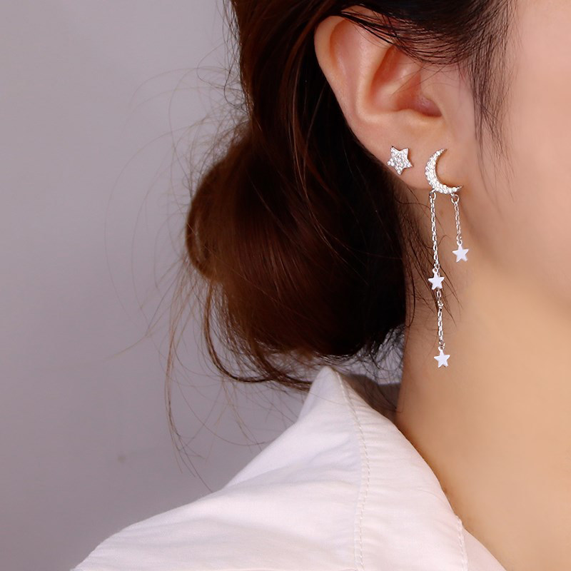 s925银不对称星星月亮流苏耳钉女