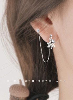 双耳洞s925纯银圣诞雪花耳环女韩国时尚气质网红2019新款潮耳饰