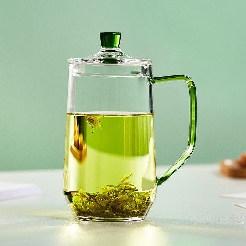 高硼硅带把手玻璃杯高端绿茶杯专用泡茶杯带盖办公室喝水杯高颜值