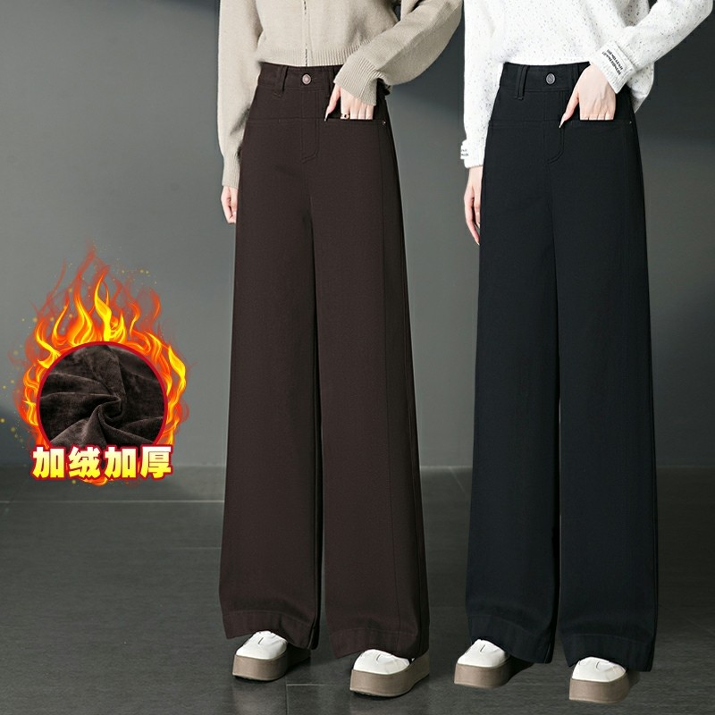 加绒加厚阔腿牛仔裤女冬季新款中年女士高腰宽松休闲直筒长裤咖色