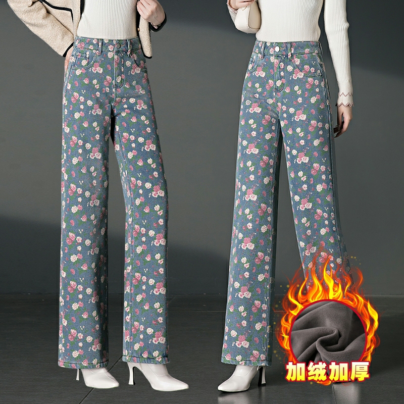 阔腿长裤加绒加厚印花牛仔女裤