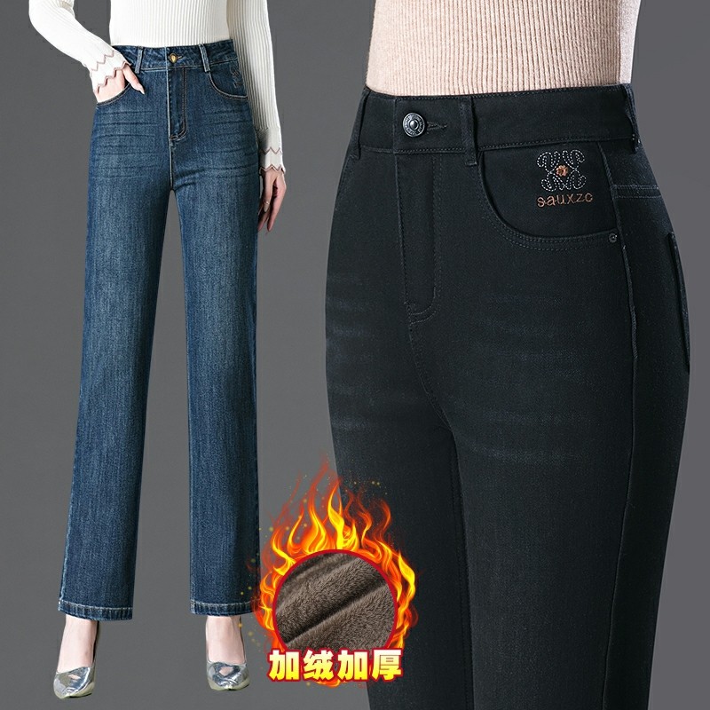 加绒窄版直筒牛仔女裤秋冬新款中年女士加厚高腰弹力宽松妈妈长裤