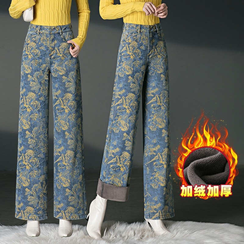 加绒加厚阔腿牛仔裤女冬季新款时尚印花宽松显瘦高腰休闲直筒长裤
