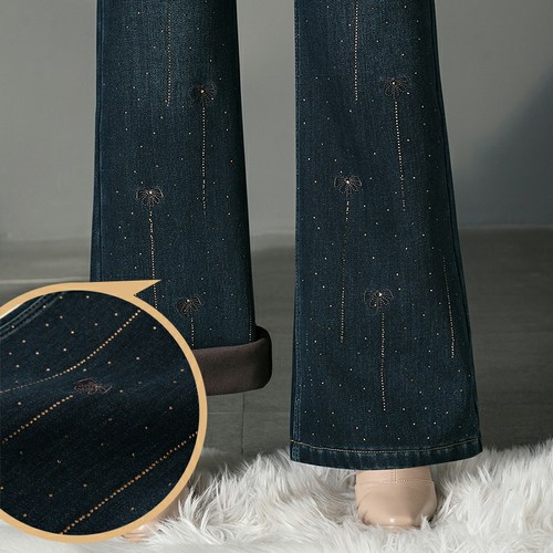 微喇长裤加绒加厚镶钻牛仔女裤