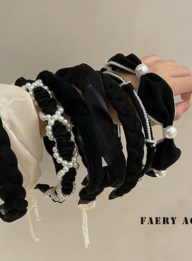 Faery Acc 法式优雅黑发箍甜美黑色珍珠发卡发箍增高头箍宽边发卡