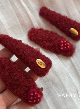 Faery Acc 新年点点爱心金标红色椭圆bb夹毛绒侧边发夹刘海夹发饰