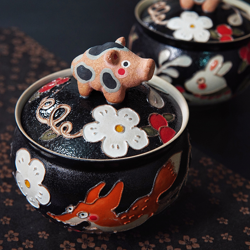 圣诞花猪狐狸兔陶瓷茶叶罐茶具手作手工手绘原创小众礼物黑色定制