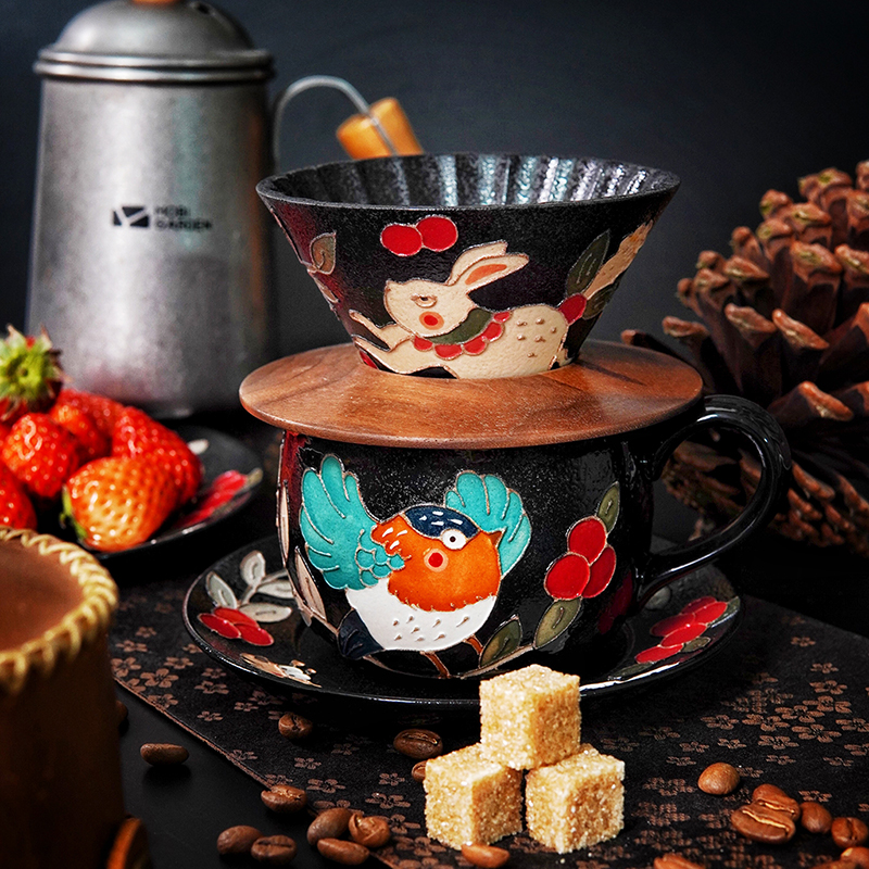 圣诞知更鸟蝴蝶马克杯咖啡杯碟茶杯手工手绘原创小众陶瓷黑色礼物