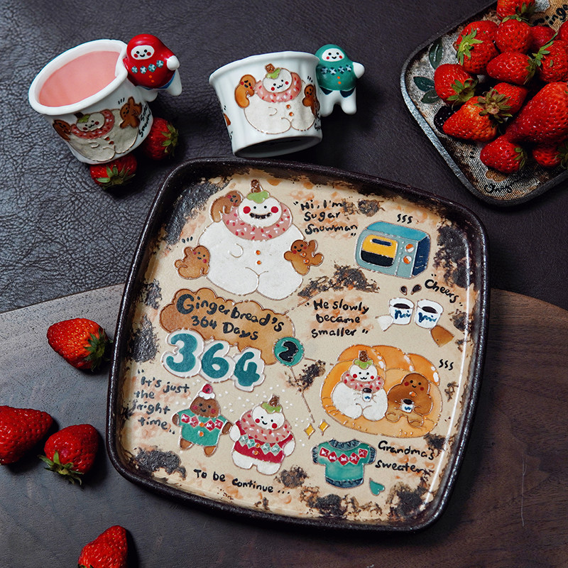 美拉德风手绘卡通姜饼人雪人陶瓷马克杯盘碟可爱精致咖啡杯送女友