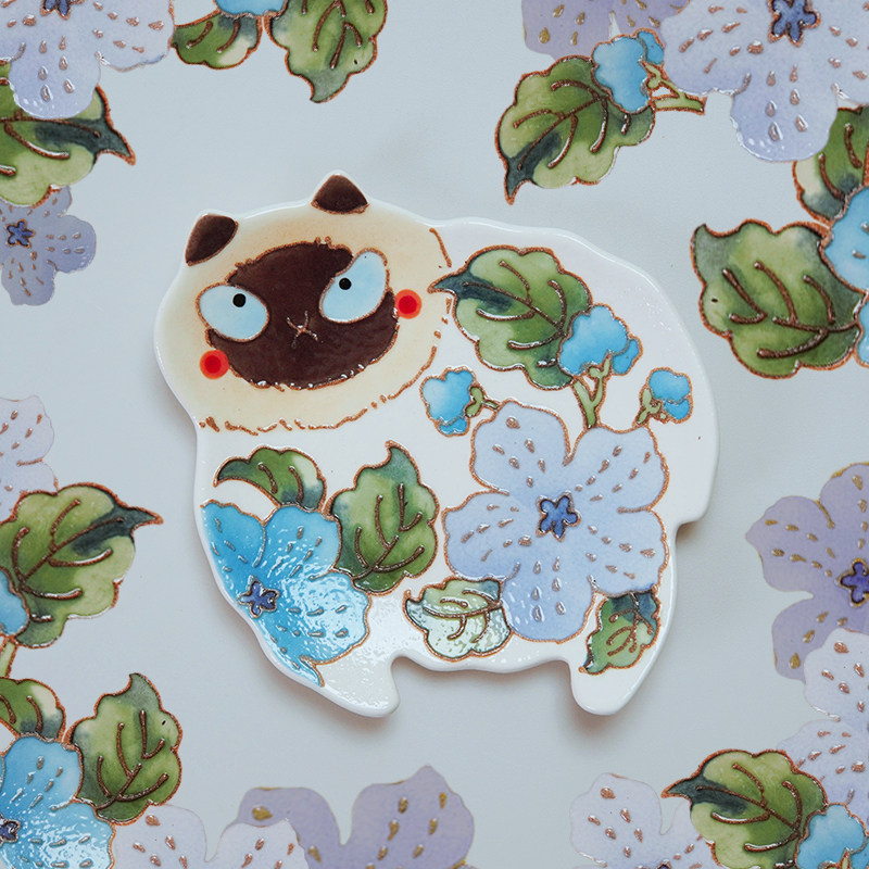 护瓜使者暹罗猫咪可爱原创手绘餐具生日礼物蓝色陶瓷盘年货节