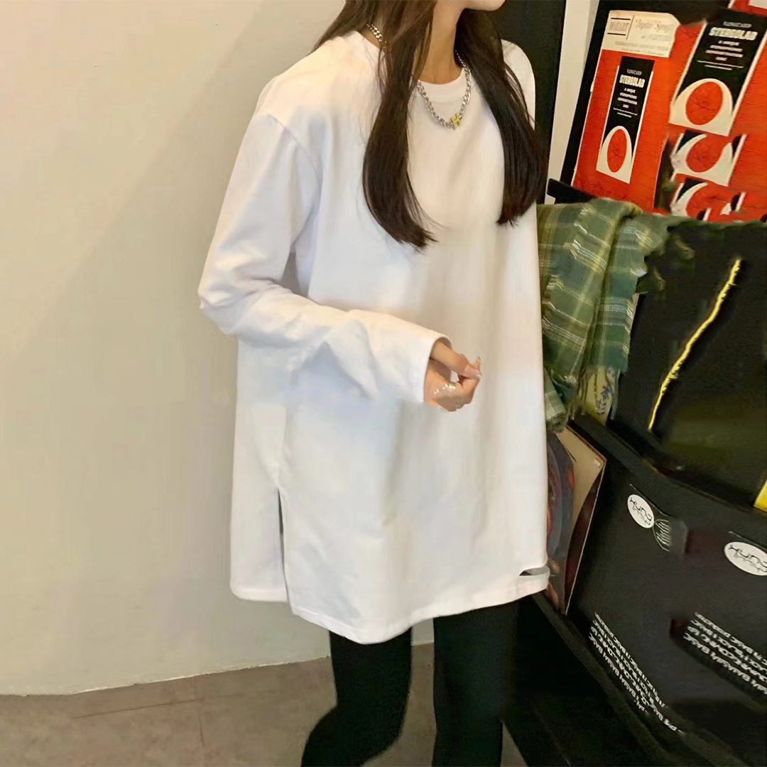 开叉破洞纯白色叠穿长袖t恤女