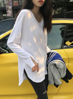 2025秋冬中长款白色U领宽松长袖t恤女开叉纯棉打底衫上衣大白体恤