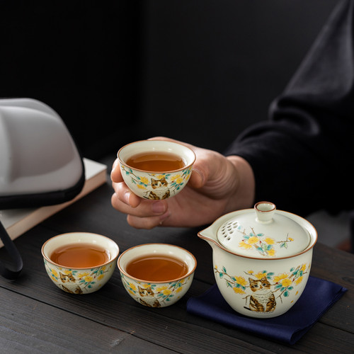 黄汝窑快客露营陶瓷便携式户外一壶三杯喝茶装备功夫旅行茶具套装