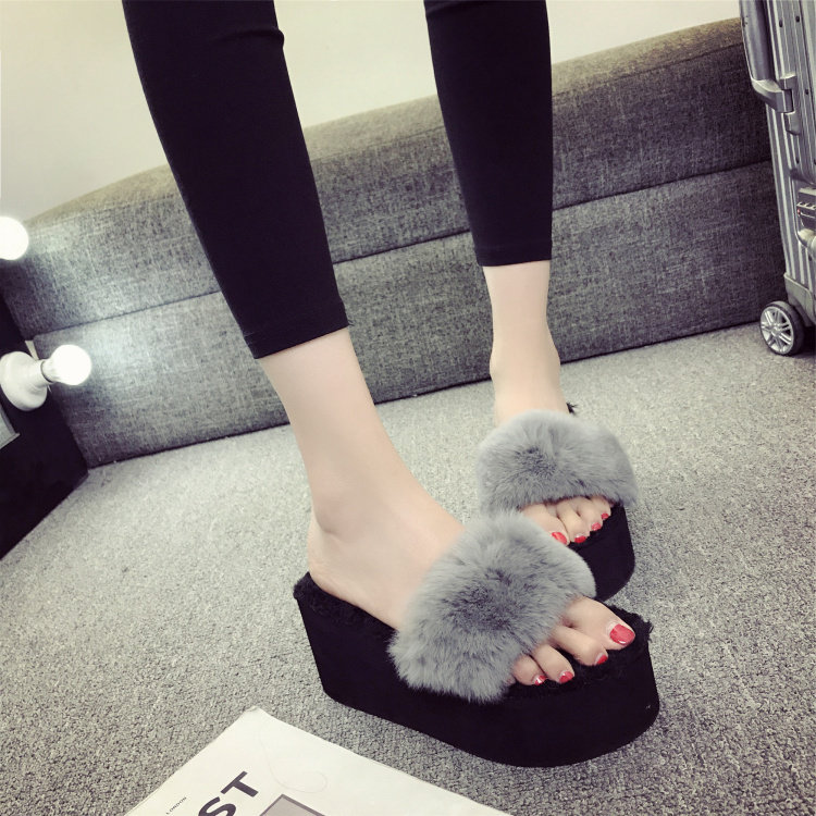 秋冬季百搭厚底兔毛一字拖女高跟保暖棉拖坡跟外穿松糕毛毛拖鞋女,女鞋,毛毛鞋,淘宝优惠券,粉丝福利购,淘宝优惠卷