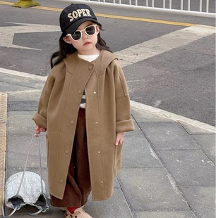 韩国秋冬高端儿童连帽羊绒双面呢大衣全羊毛中长款男女童保暖外套