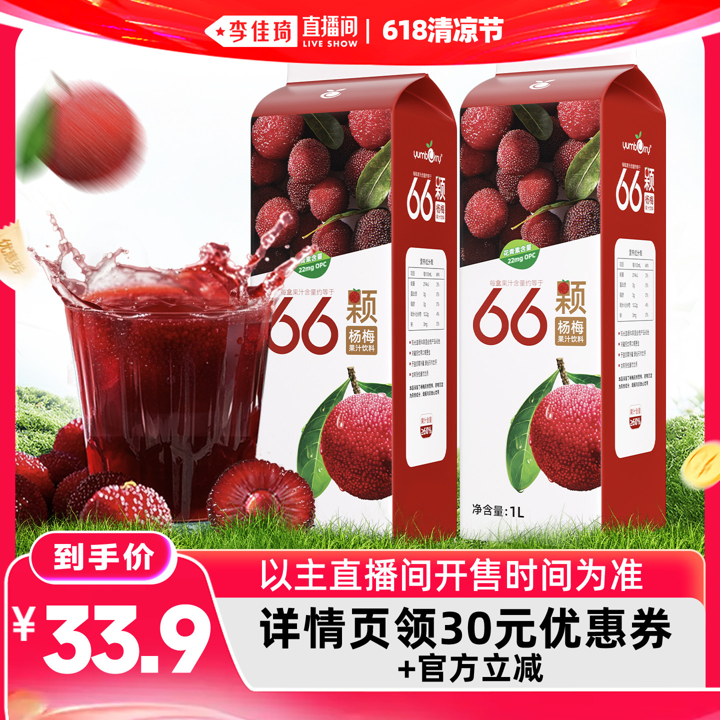 【李佳琦直播间618时尚节】扬百利杨梅汁大瓶饮料1L*2瓶