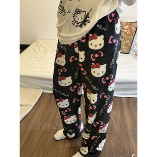 法兰绒卡通KT猫睡裤厚女士秋冬新款加绒保暖居家遛弯裤休闲裤跨境