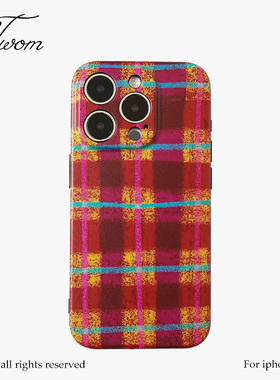 TWOM秋冬格纹氛围感磨砂壳适用苹果iphone16promax手机壳个性复古高级感iphone15promax小众保护壳14Promax