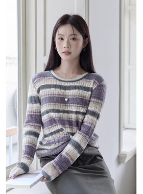 HUIXI绘系 蓝色条纹针织衫女秋季含羊毛松弛感内搭打底长袖上衣