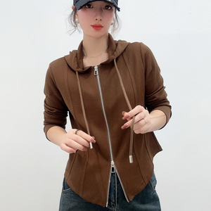连帽卫衣女2023春秋新款欧货双拉链长袖开衫短外套修身正肩上衣潮