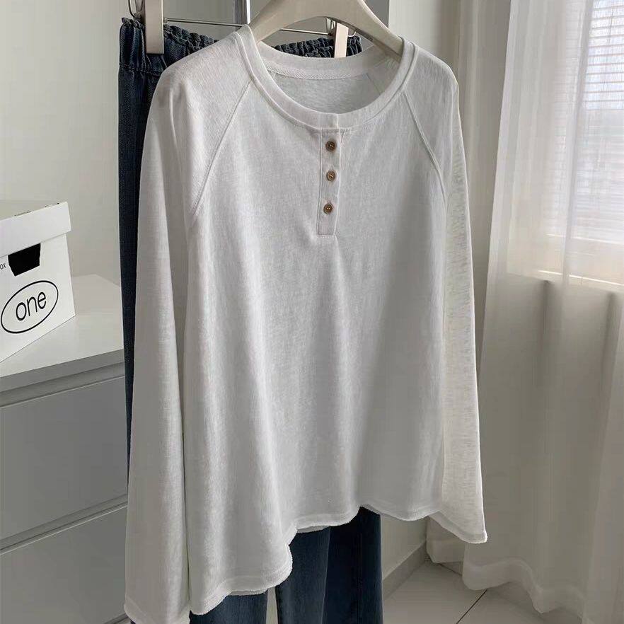 thumbnail for Pure cotton fat mm large size button long sleeve T-shirt women's Korean version autumn new loose slimming belly covering base shirt top