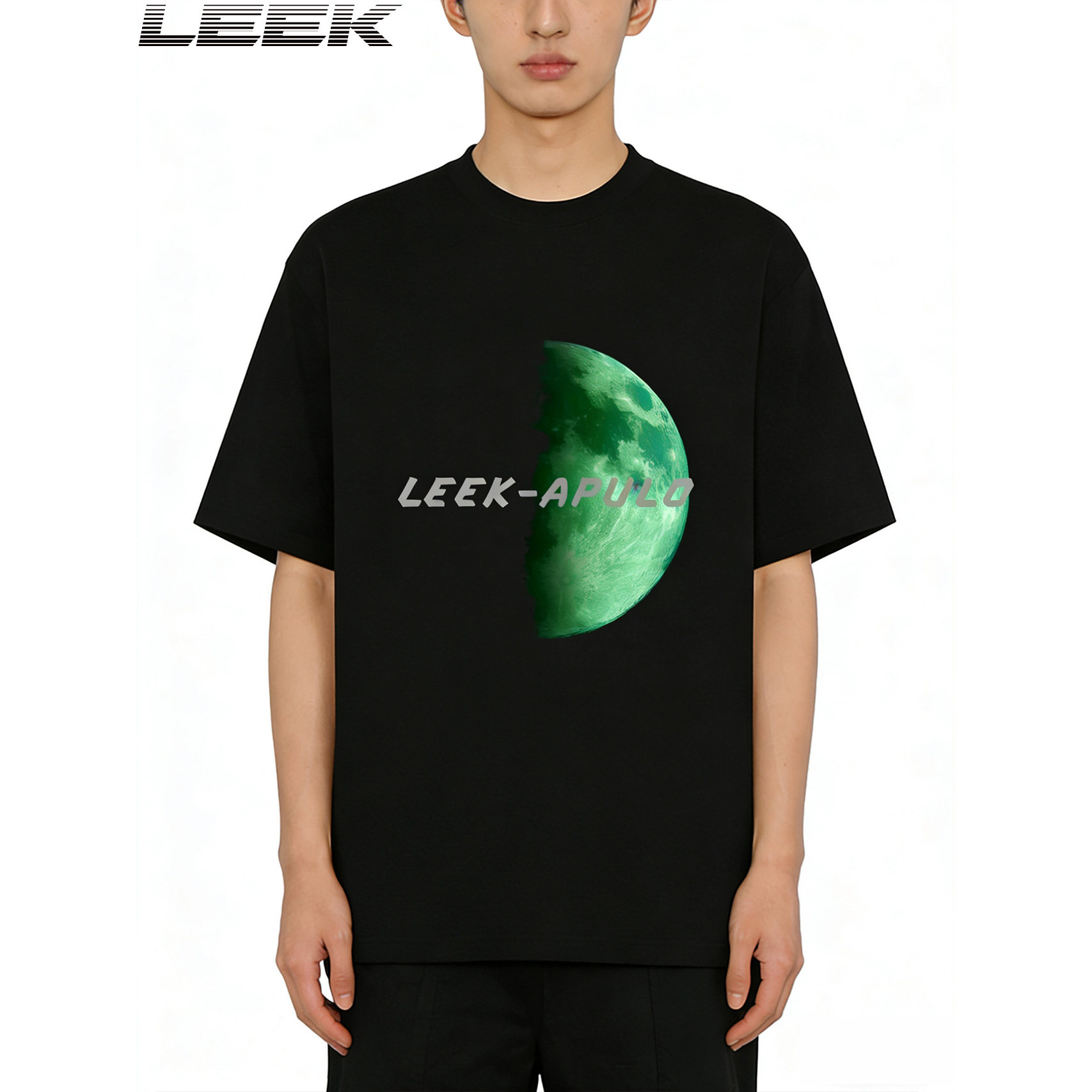 LEEK-APULO潮牌星球印花宽松圆领短袖T恤男女情侣款重磅纯棉个性