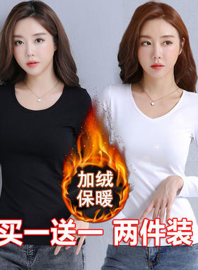 加绒黑色打底衫女长袖薄绒T恤2025秋冬内搭秋衣韩版修身保暖上衣