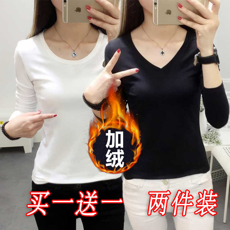 黑色加绒涤纶女士韩版长袖纯色